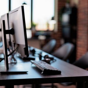 No people at call center helpdesk with multiple monitors in office, customer service and client support telecommunication. Nobody working at telemarketing assistance with helpline contact.