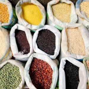 Sacks of healthy legumes and grains.
