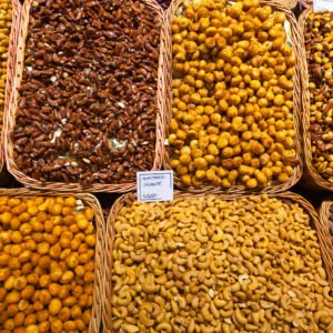 Sweet nuts on the counter of  Spanish market